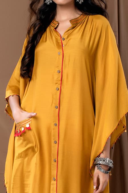 Buy Label Kinjal Modi Yellow Cotton Silk Coin Tassels Band Collar Kaftan And Bandhani Print Pant Online at Aza Fashions Buy_Label Kinjal Modi_Yellow Cotton Silk Coin Tassels Band Collar Kaftan And Bandhani Print Pant _Online_at_Aza_Fashions