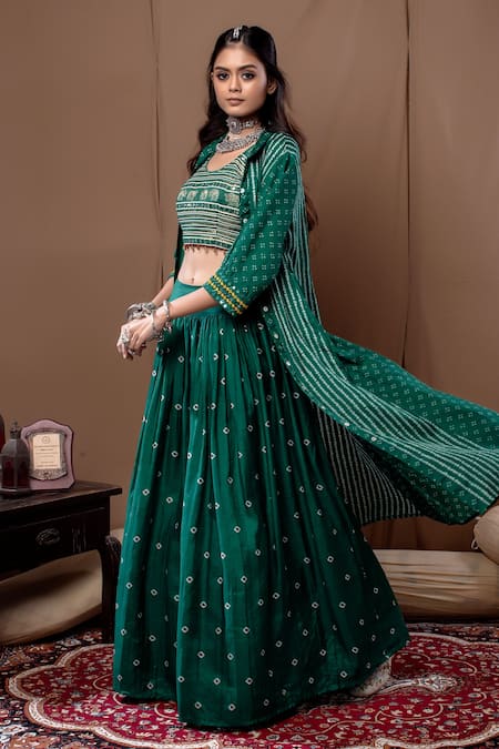 Buy Green Blouse And Dupatta Net Lehenga Dupion Lining Floral Set For Women  by Aariyana Couture Online at Aza Fashions.