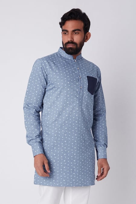 Spring Break_Blue Cotton Printed Kurta _Online_at_Aza_Fashions