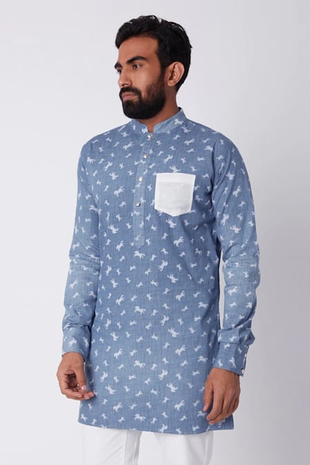 Spring Break_Blue Cotton Printed Kurta _Online_at_Aza_Fashions