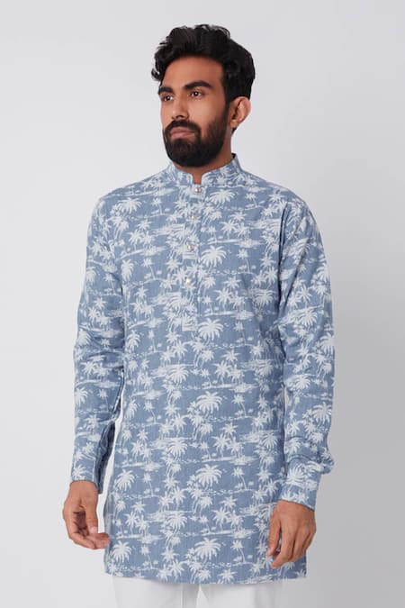 Spring Break_Blue Cotton Printed Kurta _Online_at_Aza_Fashions