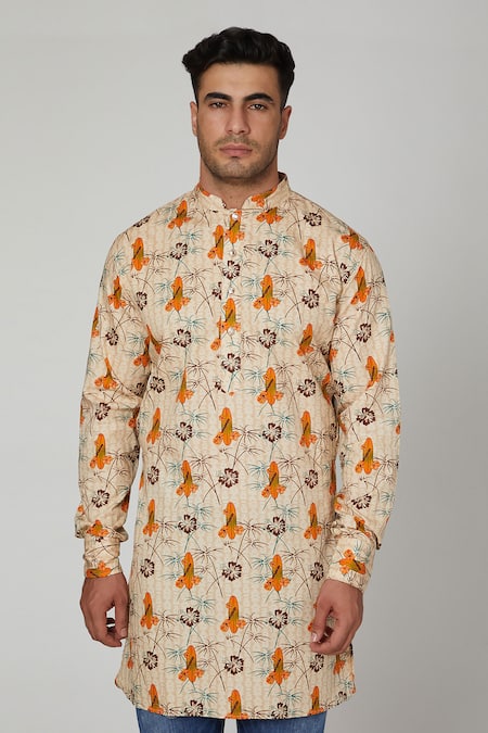 Spring Break_Beige Cotton Printed Kurta _Online_at_Aza_Fashions