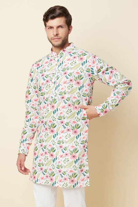 Shop Spring Break White Linen Printed Kurta Online at Aza Fashions Shop_Spring Break_White Linen Printed Kurta _Online_at_Aza_Fashions