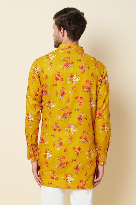 Shop_Spring Break_Yellow Linen Printed Kurta _at_Aza_Fashions