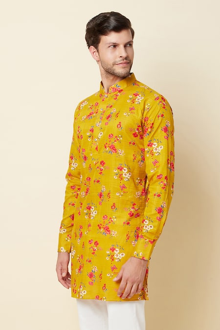 Shop_Spring Break_Yellow Linen Printed Kurta _Online_at_Aza_Fashions