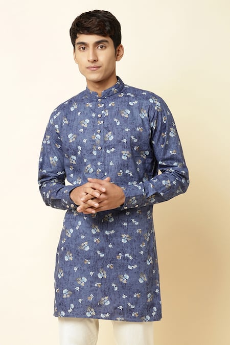 Shop_SPRING BREAK_Blue Cotton Printed Kurta _Online_at_Aza_Fashions