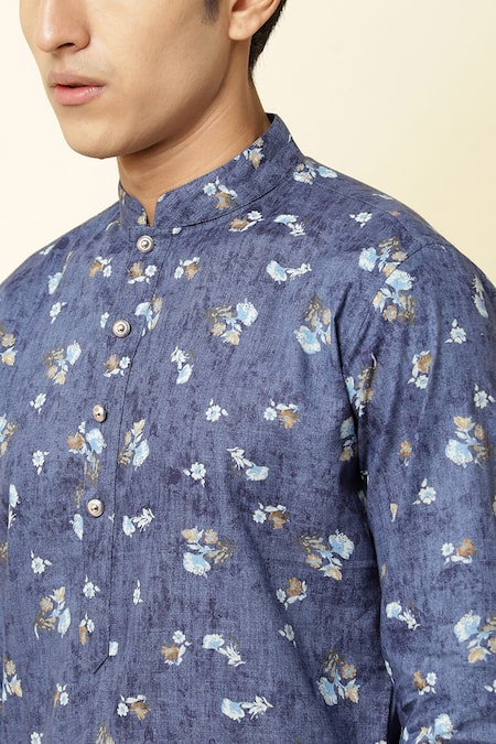 SPRING BREAK_Blue Cotton Printed Kurta _at_Aza_Fashions