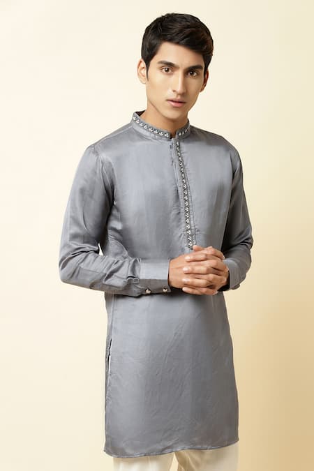Spring Break_Grey Linen Satin Embroidered Kurta _Online_at_Aza_Fashions