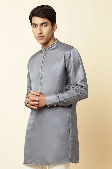 Buy_Spring Break_Grey Linen Satin Embroidered Kurta _Online_at_Aza_Fashions