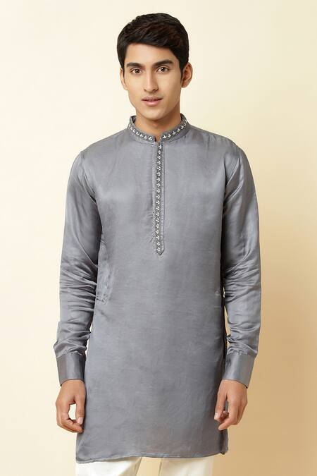 Shop_Spring Break_Grey Linen Satin Embroidered Kurta _Online_at_Aza_Fashions