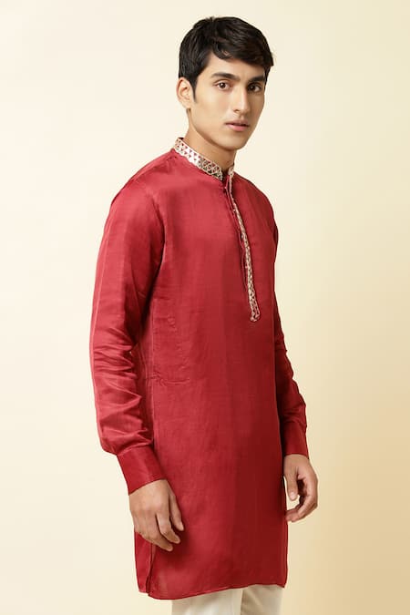 Spring Break_Maroon Linen Satin Embroidered Kurta_Online_at_Aza_Fashions