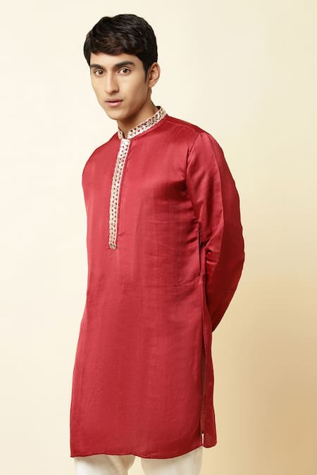 Buy_Spring Break_Maroon Linen Satin Embroidered Kurta_Online_at_Aza_Fashions