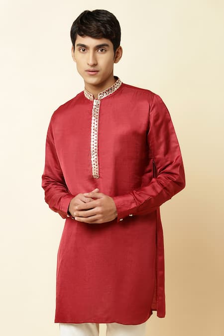 Shop_Spring Break_Maroon Linen Satin Embroidered Kurta_Online_at_Aza_Fashions