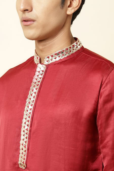 Spring Break_Maroon Linen Satin Embroidered Kurta_at_Aza_Fashions