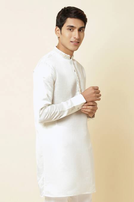 Spring Break_White Linen Satin Embroidered Kurta _Online_at_Aza_Fashions