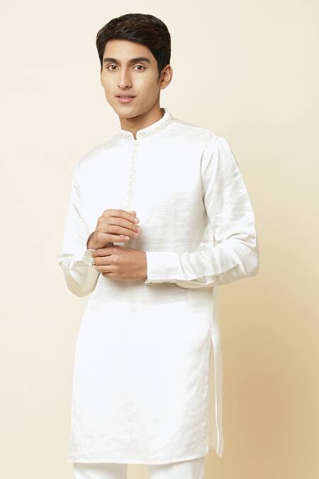 Buy_Spring Break_White Linen Satin Embroidered Kurta _Online_at_Aza_Fashions