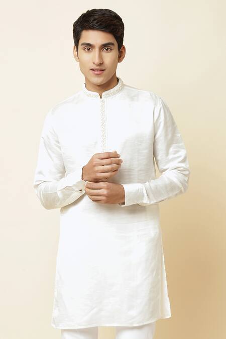 Shop_Spring Break_White Linen Satin Embroidered Kurta _Online_at_Aza_Fashions