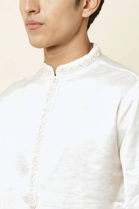 Spring Break_White Linen Satin Embroidered Kurta _at_Aza_Fashions