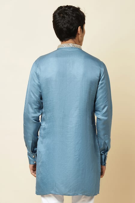 Shop_Spring Break_Blue Linen Satin Embroidered Kurta _at_Aza_Fashions