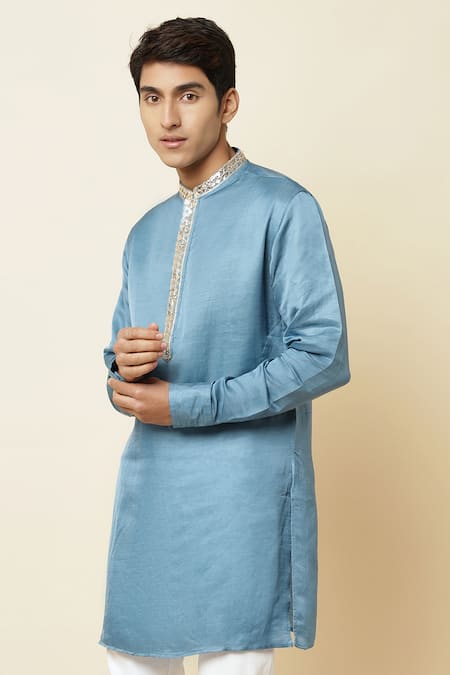 Buy_Spring Break_Blue Linen Satin Embroidered Kurta _Online_at_Aza_Fashions