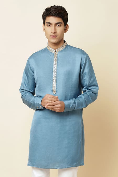 Shop_Spring Break_Blue Linen Satin Embroidered Kurta _Online_at_Aza_Fashions