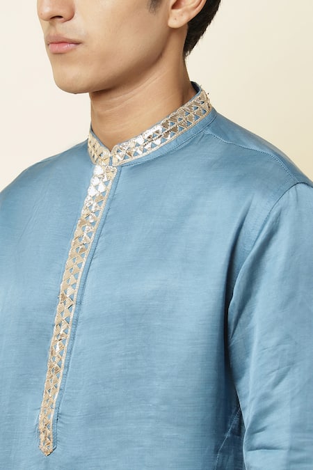 Spring Break_Blue Linen Satin Embroidered Kurta _at_Aza_Fashions