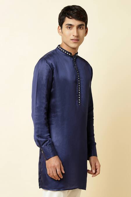 Spring Break_Blue Linen Satin Embroidered Kurta _Online_at_Aza_Fashions