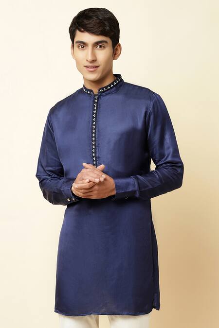 Shop_Spring Break_Blue Linen Satin Embroidered Kurta _Online_at_Aza_Fashions