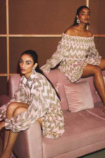 Shop_Kangana Trehan_Pink Georgette Embellished Sequin Carmen Off Shoulder Dress_Online_at_Aza_Fashions