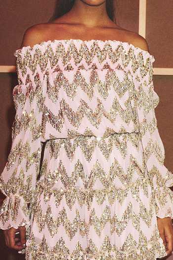 Kangana Trehan_Pink Georgette Embellished Sequin Carmen Off Shoulder Dress_at_Aza_Fashions