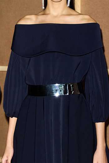 Buy_Kangana Trehan_Blue Crepe Plain Carmen Off Shoulder Pleated Dress_Online_at_Aza_Fashions