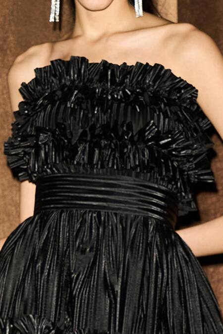 Kangana Trehan_Black Crushed Parachute Plain Carmen Ruffle Pleated Dress_at_Aza_Fashions