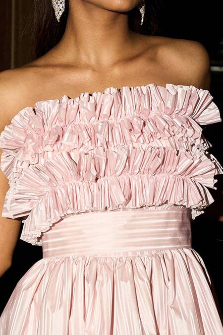 Shop Kangana Trehan Pink Crushed Parachute Plain Carmen Ruffle Pleated Dress Online at Aza Fashions Shop_Kangana Trehan_Pink Crushed Parachute Plain Carmen Ruffle Pleated Dress_Online_at_Aza_Fashions