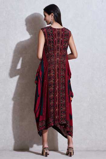 Shop Ritu Kumar Maroon Rayon V Neck Asymmetric Draped Kurta at Aza Fashions Shop_Ritu Kumar_Maroon Rayon V Neck Asymmetric Draped Kurta_at_Aza_Fashions