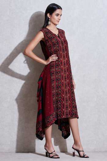Ritu Kumar Maroon Rayon V Neck Asymmetric Draped Kurta Online at Aza Fashions Ritu Kumar_Maroon Rayon V Neck Asymmetric Draped Kurta_Online_at_Aza_Fashions