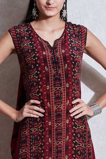 Ritu Kumar Maroon Rayon V Neck Asymmetric Draped Kurta at Aza Fashions Ritu Kumar_Maroon Rayon V Neck Asymmetric Draped Kurta_at_Aza_Fashions