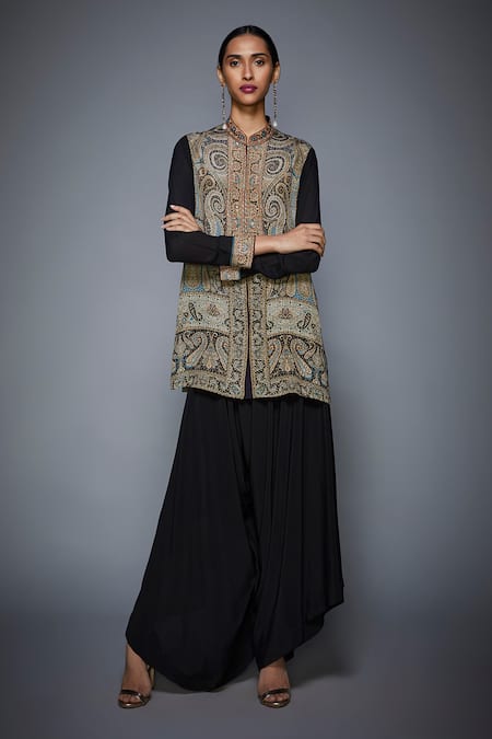 RI.Ritu Kumar Black Crepe, Viscose Mandarin Collar Printed Kurta Online at Aza Fashions RI.Ritu Kumar_Black Crepe, Viscose Mandarin Collar Printed Kurta _Online_at_Aza_Fashions