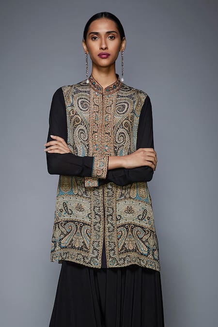 RI.Ritu Kumar Black Viscose Mandarin Collar Printed Kurta 