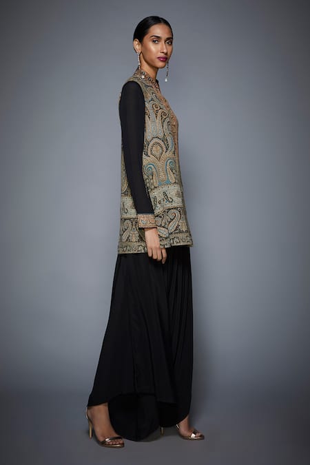 Buy RI.Ritu Kumar Black Crepe, Viscose Mandarin Collar Printed Kurta Online at Aza Fashions Buy_RI.Ritu Kumar_Black Crepe, Viscose Mandarin Collar Printed Kurta _Online_at_Aza_Fashions