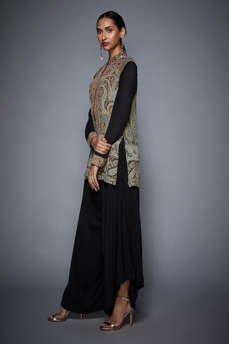 Shop RI.Ritu Kumar Black Crepe, Viscose Mandarin Collar Printed Kurta Online at Aza Fashions Shop_RI.Ritu Kumar_Black Crepe, Viscose Mandarin Collar Printed Kurta _Online_at_Aza_Fashions