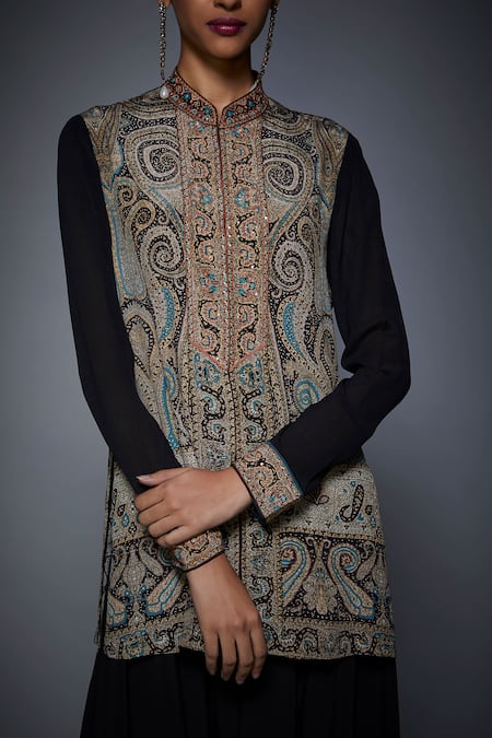 RI.Ritu Kumar Black Crepe, Viscose Mandarin Collar Printed Kurta at Aza Fashions RI.Ritu Kumar_Black Crepe, Viscose Mandarin Collar Printed Kurta _at_Aza_Fashions