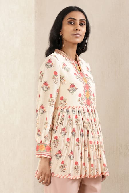 Ritu Kumar_Beige Viscose Cotton Georgette Floral Mandarin Collar Print Short Kurta_Online_at_Aza_Fashions