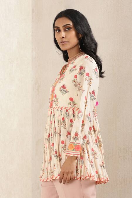 Buy_Ritu Kumar_Beige Viscose Cotton Georgette Floral Mandarin Collar Print Short Kurta_Online_at_Aza_Fashions