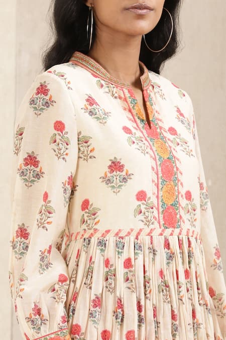 Shop_Ritu Kumar_Beige Viscose Cotton Georgette Floral Mandarin Collar Print Short Kurta_Online_at_Aza_Fashions