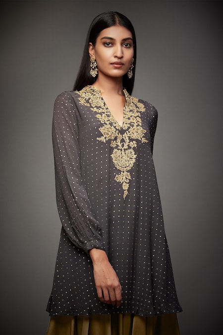RI.Ritu Kumar_Grey Polyester Embroidery Band Collar Short Kurta _Online_at_Aza_Fashions