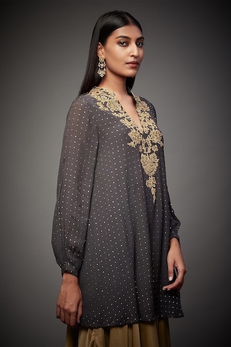 Buy_RI.Ritu Kumar_Grey Polyester Embroidery Band Collar Short Kurta _Online_at_Aza_Fashions
