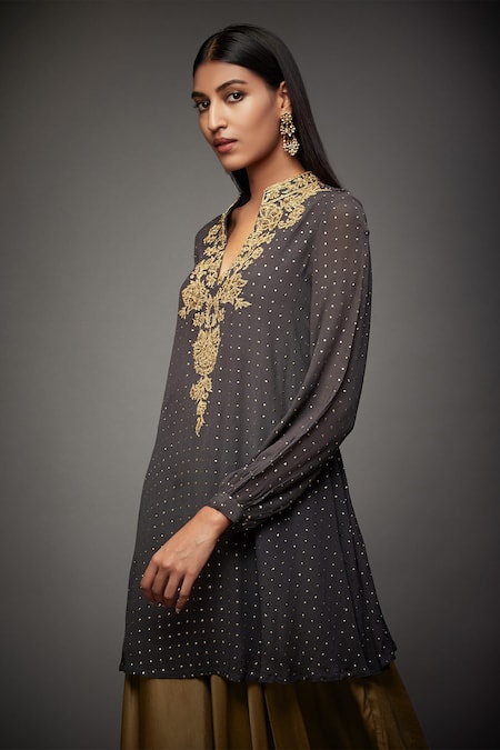 Shop_RI.Ritu Kumar_Grey Polyester Embroidery Band Collar Short Kurta _Online_at_Aza_Fashions
