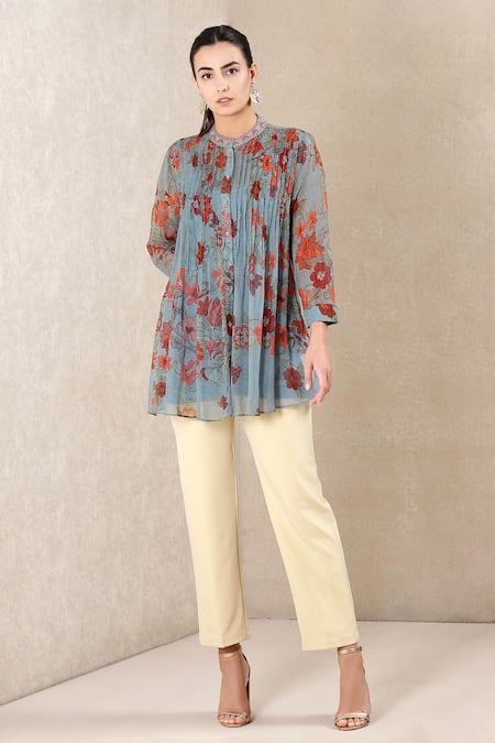 Ritu Kumar Blue Viscose Chiffon Printed Mandarin Collar Tunic 