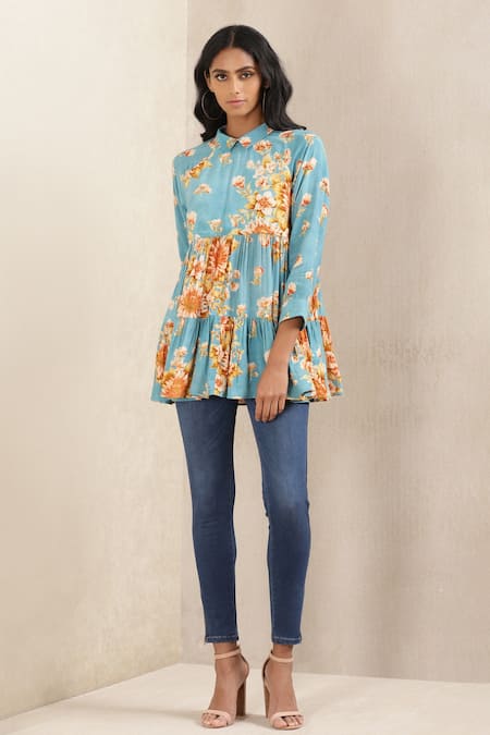 Ritu Kumar Blue Viscose Silk Printed Floral Slim Collar Short Kurta