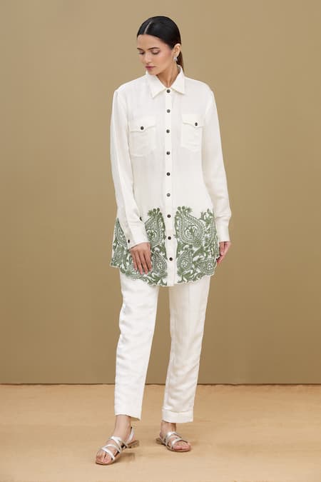 Kartikeya India_White Linen Satin Blend Collared Neck Embroidered Shirt_Online_at_Aza_Fashions